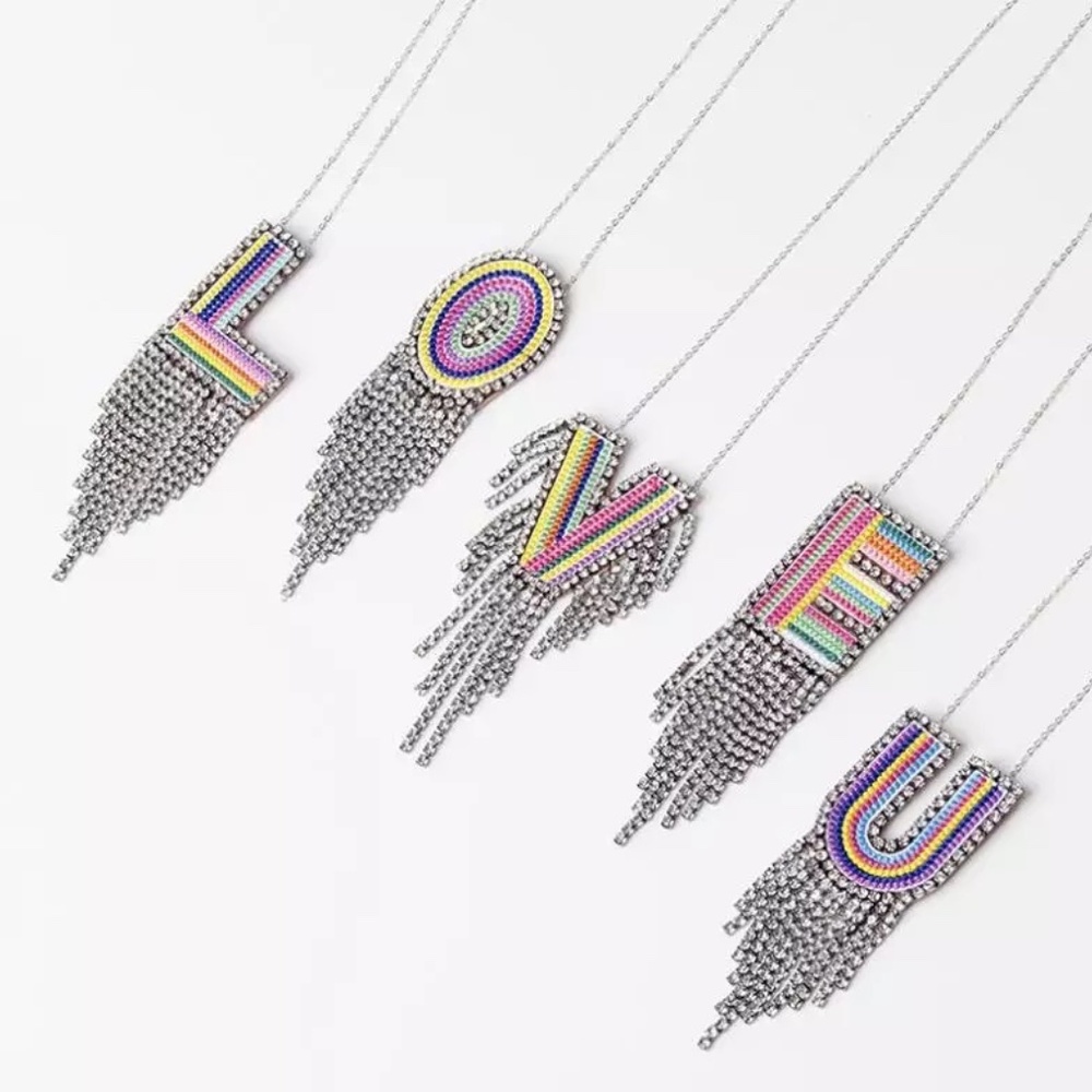 Rhinestone Tassel Initia Pendentl Necklace